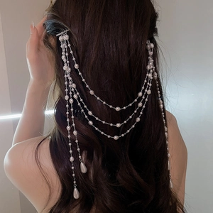 Elegant silver multi-layered long tassel hair clip with white pearls and drop pendant