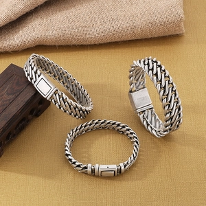 Three-piece retro silver stainless steel chain bracelets set for men with square weave design