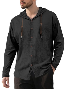 Detail of black hooded shirt featuring cotton texture, buttons, and brown drawstrings