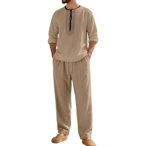 Men's khaki cotton linen two-piece set featuring long sleeve Henley shirt and trousers