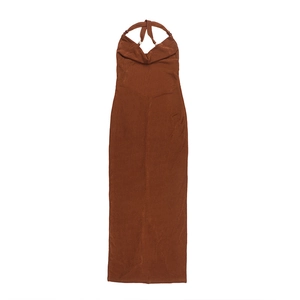 Sexy backless halter neck maxi dress in brown for summer beach vacation wear
