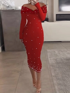 Elegantes Rotes Off Shoulder Bodycon Midikleid Mit Künstliche Perlenverzierung Langarm Sexy Abendparty Kleid Für Damen