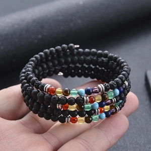 Multi-layer 6mm lava stone bracelet featuring colorful chakra beads and silver spacers
