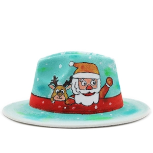 Chapeau de Noël en feutre bleu ciel avec bande rouge Père Noël et renne à large bord