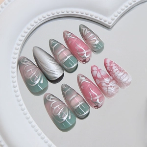 Silver 3D ripple press on nails with ice butterfly and pearlescent finish 24pcs set