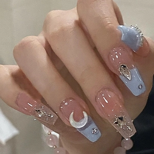 Long Coffin Shape Blue Pink Gradient Macaron Color Press On Nails With Rhinestone And Star Moon Metal Charms