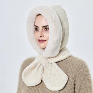Winter plush hooded scarf set in beige fleece with windproof and thick warm design