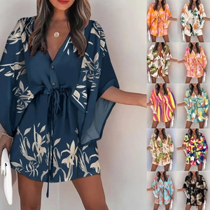 Women V Neck Printed Mini Dress Butterfly Sleeve Drawstring Waist Casual Vacation Bohemian