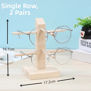 Detail view of double-layer solid pine wood eyewear stand with exact dimensions