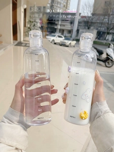 Close-up of clear water bottle featuring 8am to 5pm time markers and cartoon decor