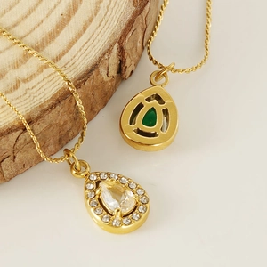 18K gold plated stainless steel teardrop necklace with green gemstone and zircon pendant