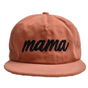 Close-up of the mama cursive embroidery on a vintage pink corduroy baseball cap