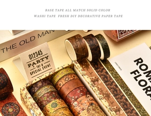 Close-up of vintage floral washi tape set with decorative retro cards and antique books