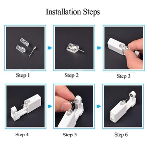 Six-step visual guide for installing the disposable 316L stainless steel ear piercing tool