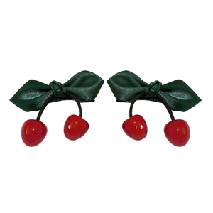 Pair of cherry ribbon hair clips with green satin bows and glossy red fruit pendants