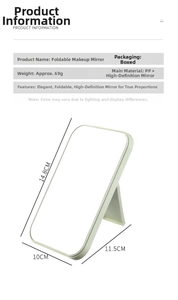 Detail view of foldable green desktop makeup mirror with dimensions 14.8x10cm and PP material