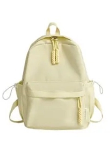 Minimalist pale yellow backpack for school featuring double zippers and drawstring pockets