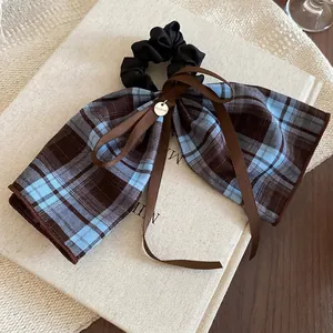 British plaid bow hair scrunchie with ribbons and a gold handmade metal tag