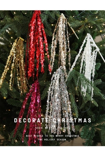 Close-up of sparkling 60cm glitter tassel branch ornaments hanging on a Christmas tree