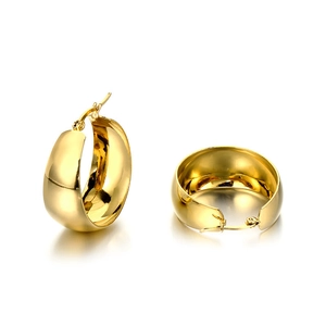 Polished 18k gold plated stainless steel wide hoop earrings for women on white background