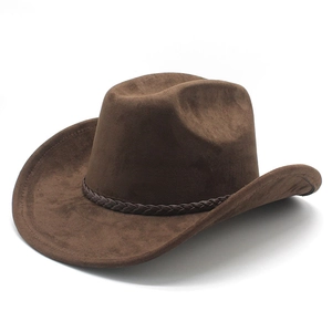Nahaufnahme des Leder-Flechtbandes an einem dunkelbraunen Western-Cowboyhut aus Wildleder