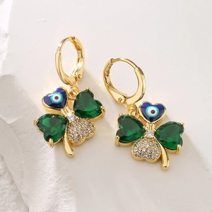 Gold-plated clover earrings featuring a blue evil eye and green heart-shaped gems