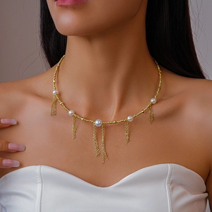 Retro Geometric Choker Necklace With Copper Imitation Artificial Pearl And Tassel Chain For Women Elegant Jewelry