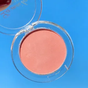 Monochrome peach powder blush in a clear round compact against a blue sky background