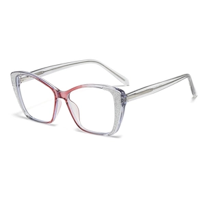 Stylish cat-eye blue light blocking glasses with transparent silver and red glitter gradient