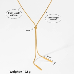 Detailed view of Y-shaped gold necklace featuring rectangular pendants and snake chain texture