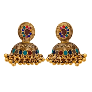 Orecchini vintage dorati con nappe e strass colorati in stile etnico retrò raffinato