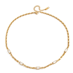 Classic 18K gold plated stainless steel necklace featuring five emerald-cut clear crystals