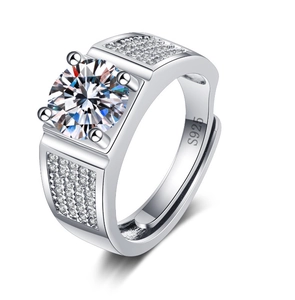 Bague pour homme en argent sterling S925 avec un grand diamant rond et pavé latéral