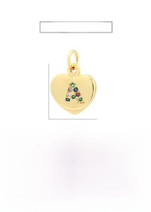 Dettaglio ciondolo a cuore in oro con lettera A in zircone colorato, misura 10x9mm DIY