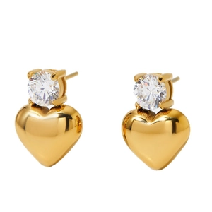 Golden heart stud earrings with sparkling round zircon stone in high polished finish