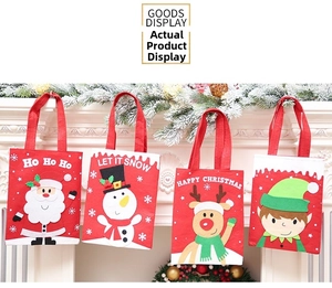 Detailed view of 3D Christmas felt gift bags featuring Santa, snowman, deer, and elf characters