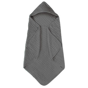 Detail of grey 6-layer muslin cotton baby hooded towel showing textured soft fabric