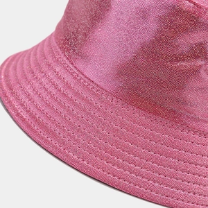 Detailed close-up of pink glitter PU leather bucket hat with reinforced parallel stitching