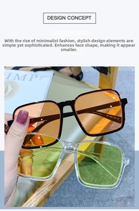 Detail view of retro square sunglasses with orange and yellow lenses on a magazine background