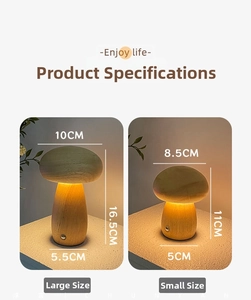 Size comparison and technical specifications for the wooden mushroom bedside lamp