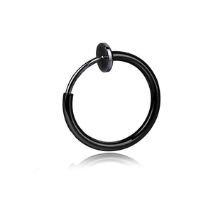 Polished black stainless steel spring clip-on earring for non-pierced ears on white background