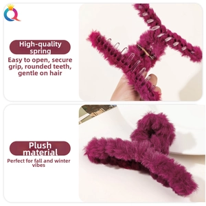 Detail of plush faux fur hair claw clip in deep purple with durable metal spring