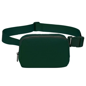 Waterproof dark green nylon belt bag with adjustable strap and silver zipper closure