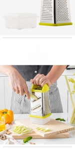 Detail of multi-functional stainless steel slicer with lime base slicing fresh celery