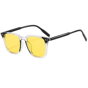 Square fashion sunglasses with transparent frames, yellow lenses and black temples