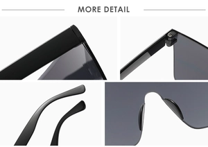 Detailed close-up of large frame sunglasses showing metal hinges and ergonomic nose pads