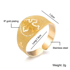 Detail showing the 1.2cm wide gold cross relief pattern on the stainless steel ring