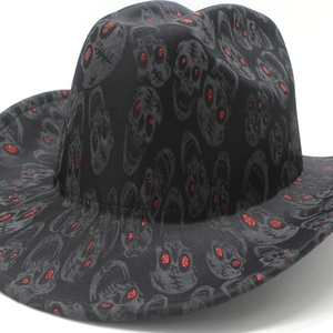 Close-up of black cowboy hat featuring gray skulls and red glitter detailing for parties