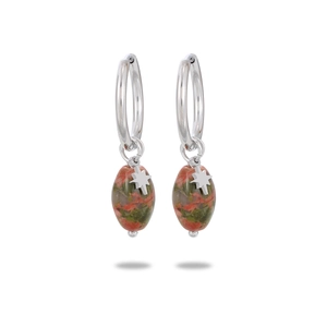 Detail of silver star charm and Unakite natural stone on oval drop earrings