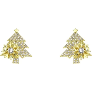 Golden rotating Christmas tree stud earrings with white zircon stones and snowflake detail